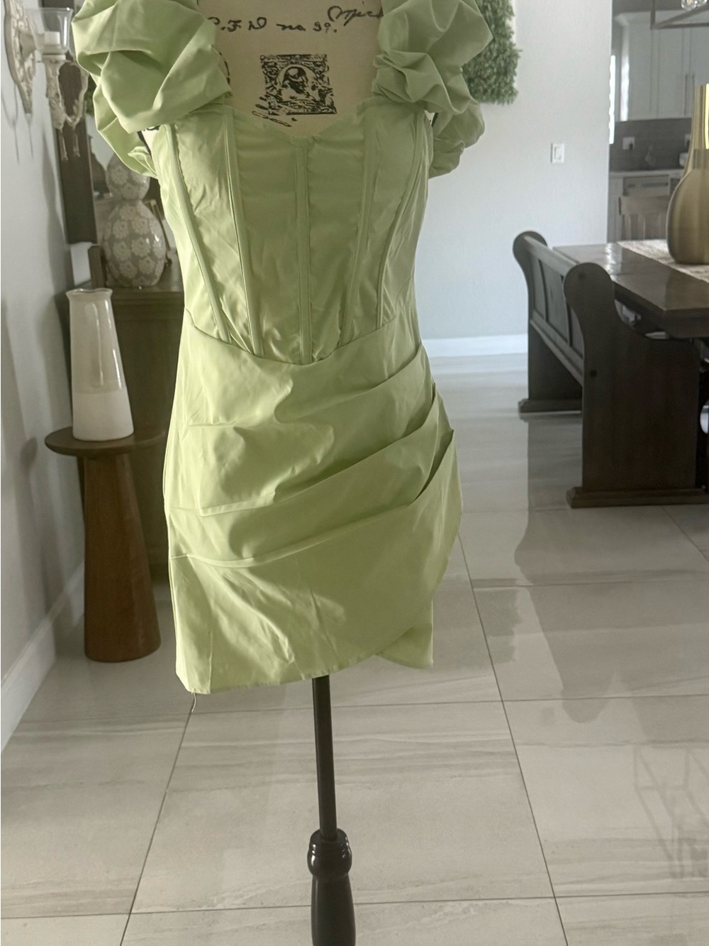 SHEIN Light Green Puff-Sleeve Corset Mini Dress